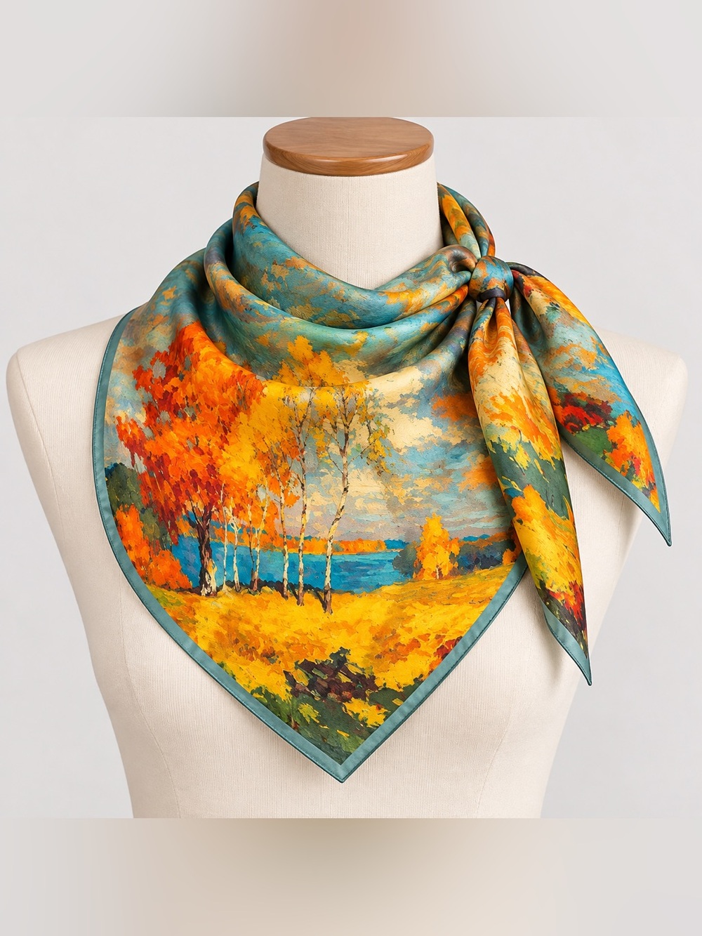 Autumn Landscape Square Scarf 27.6 x 27.6 in Silky Feel Birch Tree Print